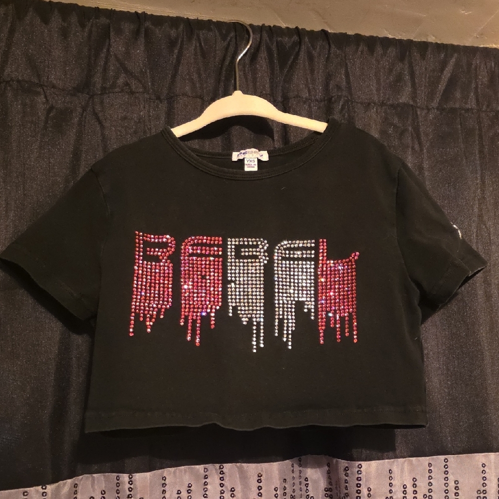 Kids Black Crop Top with Pink & Silver Stud Graphic